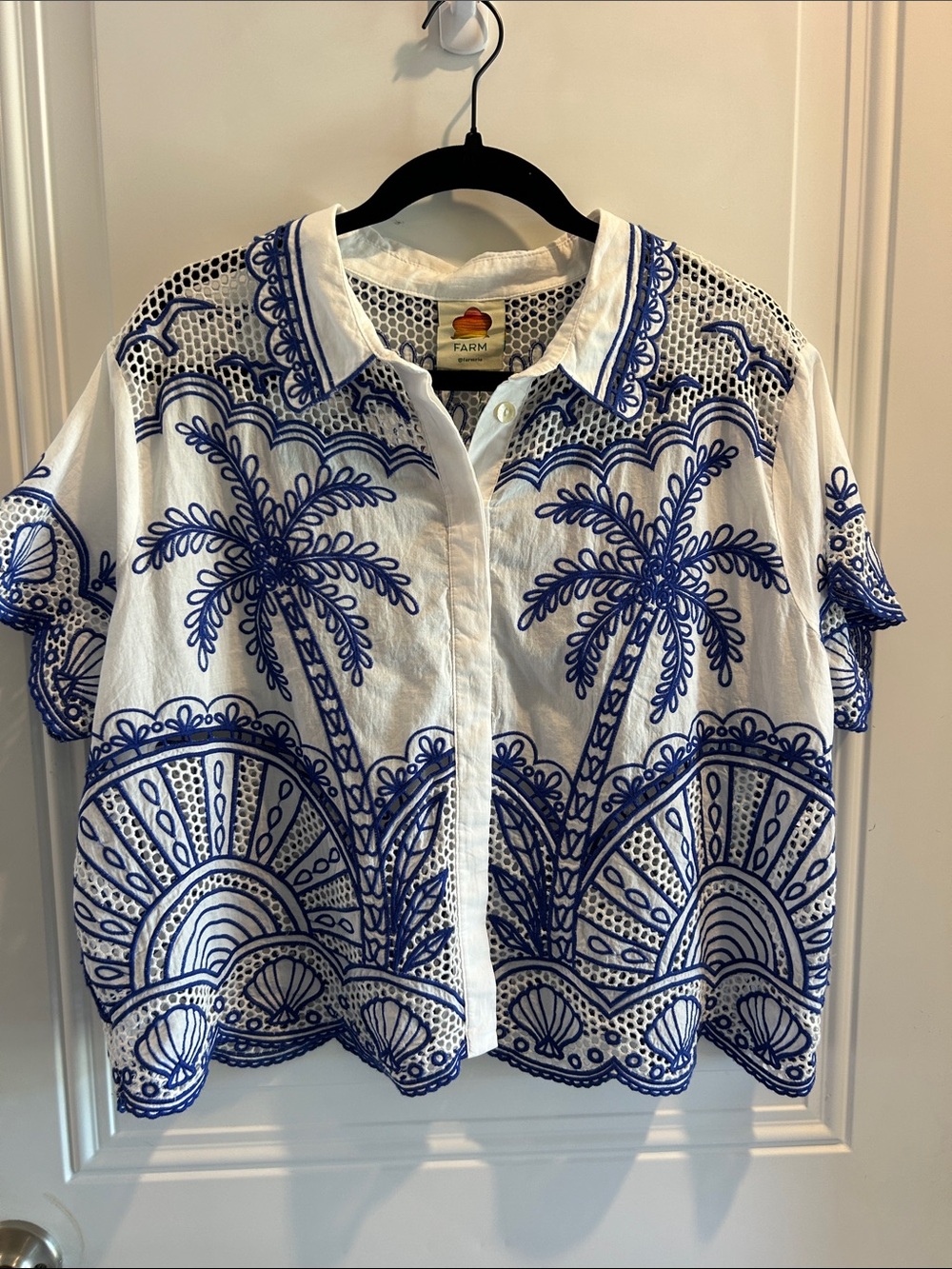 FARM Rio White Button Front Shirt with Blue Embroidered Palm Motif